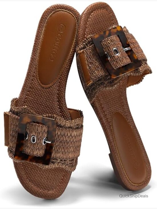 Shoes - Woven Raffia Flat Sandals with Buckle - Square Open Toe Slide